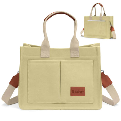 Canvas Crossbody Tote with Pockets - Khaki