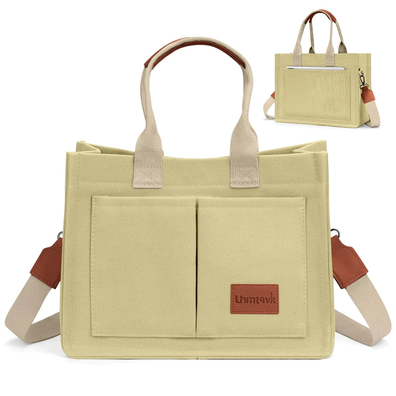 Canvas Crossbody Tote with Pockets - Khaki