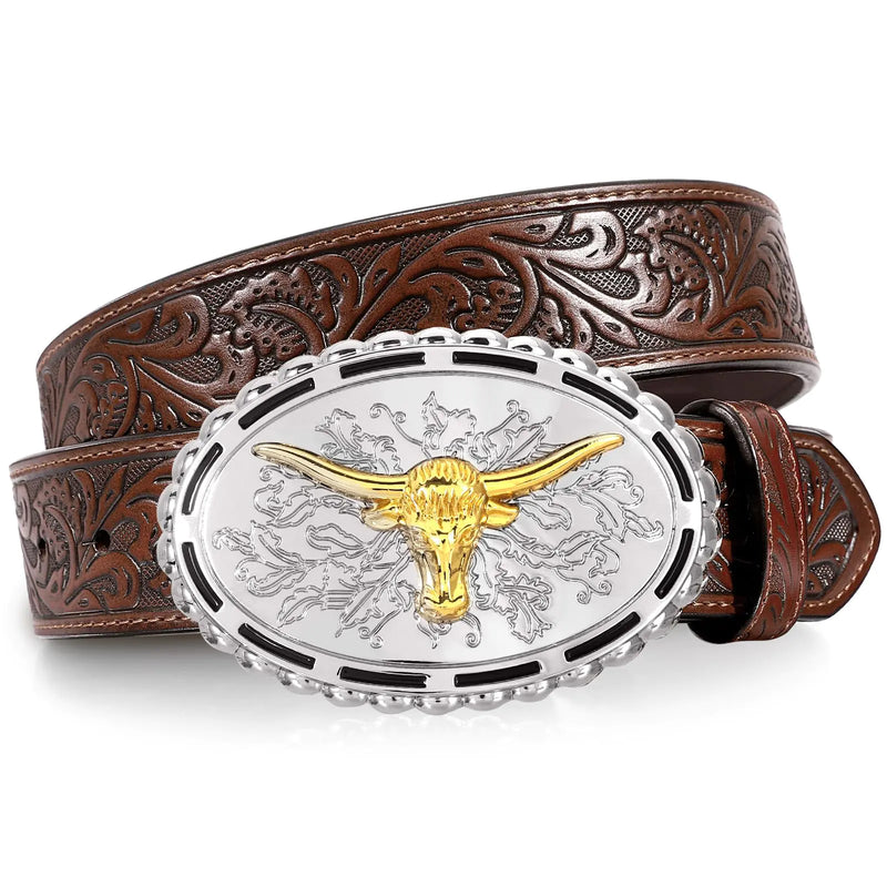 Embossed Western Belt with Detachable Bull Buckle